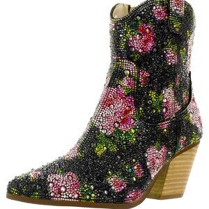 BNIB Betsy Johnson Diva Floral Rhinestone Western Ankle Boots Size 8.5/9